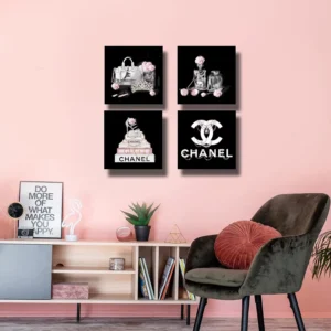 Meetdeceny Black And White Wall Art/Pink Book Pictures Room Decor for Teen Girls/Women Handbag Perfume Wall Decor for Living Room/Fashion Canvas Artwork Size 10"x 10"x 4 Pieces - Image 3
