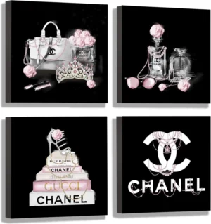 Meetdeceny Black And White Wall Art/Pink Book Pictures Room Decor for Teen Girls/Women Handbag Perfume Wall Decor for Living Room/Fashion Canvas Artwork Size 10"x 10"x 4 Pieces - Image 2