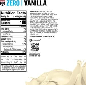 Muscle Milk Zero Protein Shake, Vanilla Crème, 20g Protein, Zero Sugar, 100 Calories, Calcium, Vitamins A, C & D, 4g Fiber, Energizing Snack, Workout Recovery, Packaging May Vary 11.16 Fl Oz (Pack of 12) - Image 2