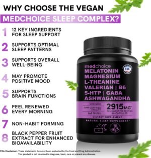 12-in-1 Melatonin Sleep Capsules - Natural Sleep Aids for Adults with Melatonin 5mg and Magnesium Glycinate 500mg, Sleep Aid with Ashwagandha, L Theanine, Valerian Root, GABA, 5-HTP (90ct, Pack of 1) - Image 2