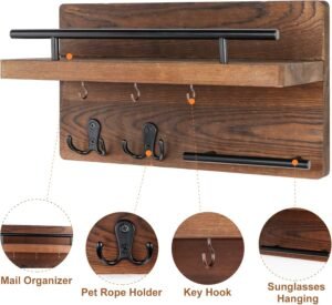 OurWarm Wall Mounted Key Holder/Hangers for Wall Decorative with 5 Key Hooks, Wooden Mail Rack Organizer with Shelf, Rustic Home Decor for Entryway Mudroom Hallway Office, Brown - Image 4