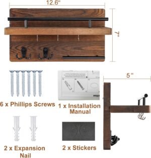 OurWarm Wall Mounted Key Holder/Hangers for Wall Decorative with 5 Key Hooks, Wooden Mail Rack Organizer with Shelf, Rustic Home Decor for Entryway Mudroom Hallway Office, Brown - Image 5