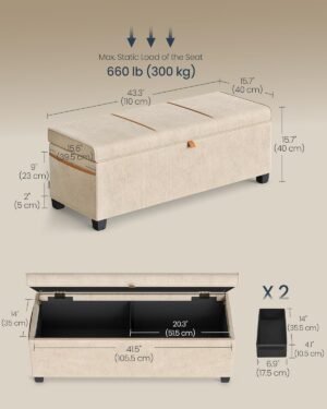 SONGMICS HOME Storage Ottoman Bench, Storage Chest, 15.7 x 43.3 x 15.7 Inches, End of Bed Bench, 27 Gal. (103 L), for Bedroom, Entryway, Living Room, Cappuccino Beige ULSF533L01 - Image 3
