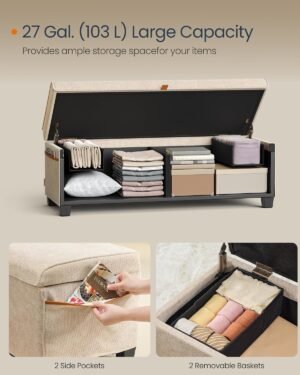 SONGMICS HOME Storage Ottoman Bench, Storage Chest, 15.7 x 43.3 x 15.7 Inches, End of Bed Bench, 27 Gal. (103 L), for Bedroom, Entryway, Living Room, Cappuccino Beige ULSF533L01 - Image 5