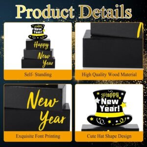 4 Pcs Wooden Happy New Year Tabletop Decor New Years Decorations 2025 Black Silver and Gold Wood Hat Block Sign Gift Winter Tiered Tray Decor New Year Table Centerpiece - Image 3