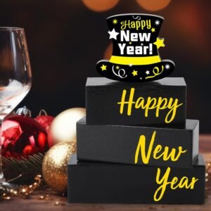4 Pcs Wooden Happy New Year Tabletop Decor New Years Decorations 2025 Black Silver and Gold Wood Hat Block Sign Gift Winter Tiered Tray Decor New Year Table Centerpiece - Image 4