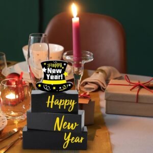 4 Pcs Wooden Happy New Year Tabletop Decor New Years Decorations 2025 Black Silver and Gold Wood Hat Block Sign Gift Winter Tiered Tray Decor New Year Table Centerpiece - Image 6