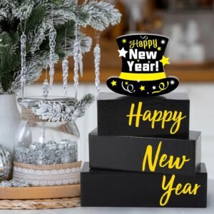 4 Pcs Wooden Happy New Year Tabletop Decor New Years Decorations 2025 Black Silver and Gold Wood Hat Block Sign Gift Winter Tiered Tray Decor New Year Table Centerpiece - Image 7