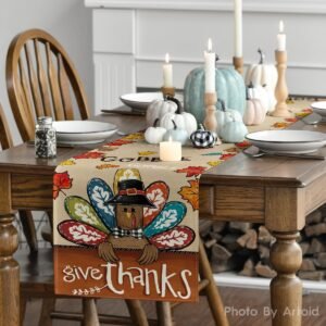 Artoid Mode Turkey Give Thanks Thanksgiving Table Runner, Seasonal Fall Autumn Kitchen Dining Table Decoration for Home Party Decor 13x72 Inch - Image 4