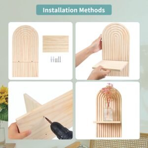 YIYA 2 Pcs Boho Wooden Rainbow Wall Shelves Floating Shelves for Wall Rainbow Arch Boho Floating Shelves Modern Boho Wall Shelf for Living Rooms Bathroom Display, Beige - Image 4