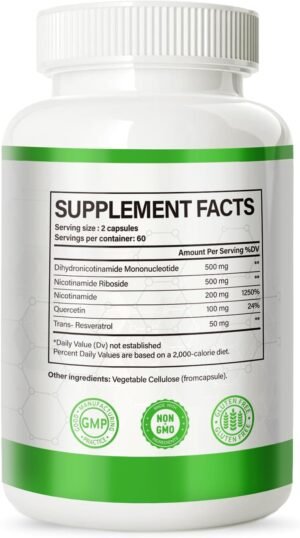 NMNH (Dihydronicotinamide Mononucleotide), NMN Alternative Supplement w/Niacinamide (Vitamin B3), Quercetin, Trans-Resveratrol, Support NAD+, Skin Cell Health*, Anti-Aging & Energy, 120 Caps - Image 9