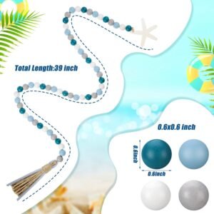 2 Pcs Farmhouse Seashell Bead Garland with Tassels Decorative Beads Decor Nautical Farmhouse Tiered Tray Decorations Set Coastal Garland for Home and Kitchen, Wooden Beads - Image 3