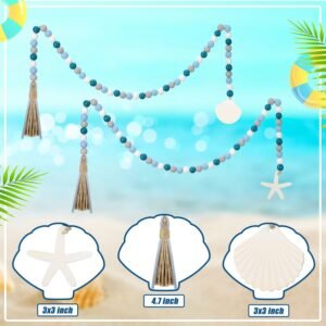 2 Pcs Farmhouse Seashell Bead Garland with Tassels Decorative Beads Decor Nautical Farmhouse Tiered Tray Decorations Set Coastal Garland for Home and Kitchen, Wooden Beads - Image 5