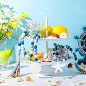 2 Pcs Farmhouse Seashell Bead Garland with Tassels Decorative Beads Decor Nautical Farmhouse Tiered Tray Decorations Set Coastal Garland for Home and Kitchen, Wooden Beads - Image 6