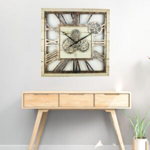 The Gears Clock 24'' Inch Square Real Moving Gear Wall Clock Vintage Industrial Oversized Rustic Farmhouse (Desert Beige) - Image 4