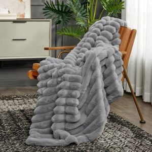 Cozy Bliss Faux Fur Throw Blanket for Couch, Cozy Warm Plush Striped Blanket for Sofa Bedroom Living Room,50 * 60 Inches Grey - Image 4