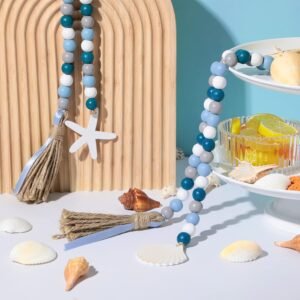 2 Pcs Farmhouse Seashell Bead Garland with Tassels Decorative Beads Decor Nautical Farmhouse Tiered Tray Decorations Set Coastal Garland for Home and Kitchen, Wooden Beads - Image 2