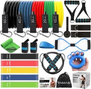 23Pcs Resistance Bands Set Workout Bands, 5 Stackable Exercise Bands with Handles, 5 Resistance Loop Bands, Jump Rope, Figure 8 Resistance Bands, Headband, Cooling Towel
