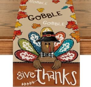 Artoid Mode Turkey Give Thanks Thanksgiving Table Runner, Seasonal Fall Autumn Kitchen Dining Table Decoration for Home Party Decor 13x72 Inch