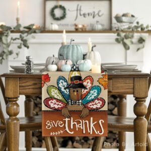Artoid Mode Turkey Give Thanks Thanksgiving Table Runner, Seasonal Fall Autumn Kitchen Dining Table Decoration for Home Party Decor 13x72 Inch - Image 2