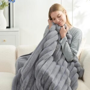 Cozy Bliss Faux Fur Throw Blanket for Couch, Cozy Warm Plush Striped Blanket for Sofa Bedroom Living Room,50 * 60 Inches Grey - Image 2