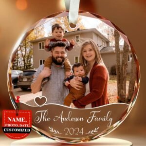 Custom Family Glass Ornament 2025 - Personalized Christmas, Mothers Day, Fathers Day Ornament with Custom Name, Photo, Date - Perfect Keepsake Gift for Family, Dad, Mom, Him, Her, Couple