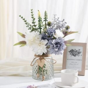 Fake Flowers Artificial Blue Flowers with Vase, Table Centerpieces for Dining Room, Silk Flower Arrangements for Home, Living Room Bathroom Plant Decor, Centerpiece Table Decorations - Image 2