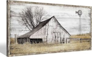 Farmhouse Framed Wall Art Picture: Rustic Barn Farm Wood Artwork Decor Large Country Landscape Windmill Print Horizontal Panoramic Countryside Rural Nature Scene Painting for Living Room Bedroom