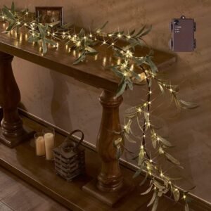 Hairui Lighted Artificial Olive Garland 6FT 96 LED Fairy Lights Battery Operated, Faux Vine Lights with Timer for Spring Christmas Holiday Fireplace Décor