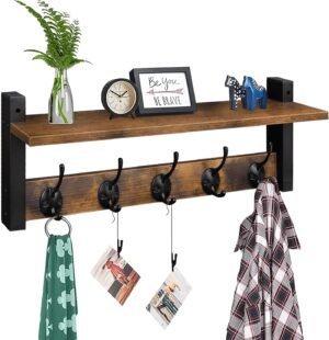 Homode Wall Hooks with Shelf, Wood Coat Rack with Shelf Wall-Mounted, Entryway Hanging Shelf with 5 Metal Hooks for Clothes Hats Towel Purse Robes, Bathroom Mudroom Bedroom, Rustic Brown Black