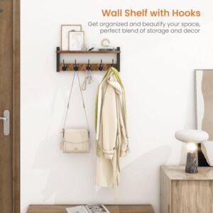 Homode Wall Hooks with Shelf, Wood Coat Rack with Shelf Wall-Mounted, Entryway Hanging Shelf with 5 Metal Hooks for Clothes Hats Towel Purse Robes, Bathroom Mudroom Bedroom, Rustic Brown Black - Image 2