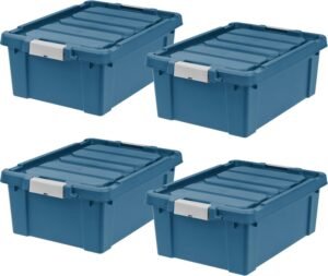 IRIS USA 12 Gallon Eco-Friendly Lockable Storage Bins with Lids, 4 Pack - Made in USA, Heavy Duty, Stackable Containers, Garage Organizing Bins Moving Tubs, Rugged Sturdy Equipment Utility Box - Navy