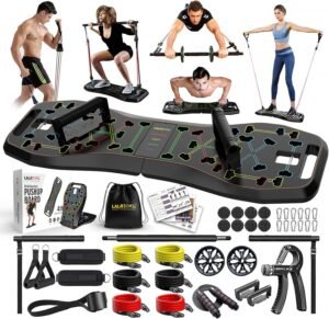 LALAHIGH Portable Home Gym System: Large Compact Push Up Board, Pilates Bar & Fitness Accessories with Resistance Bands Ab Roller Wheel for Men and Women, Gift for Boyfriend