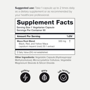 Maca Root - Ultra High Potency 20:1 Extract - Black, Red and Yellow Maca Complex - Single Origin, Wildcrafted & Highly Concentrated - Third-Party Lab Tested - 90 Capsules - Image 2