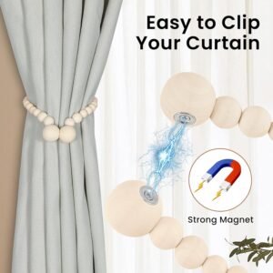 Magnetic Curtain Tiebacks, Curtain Tie Backs for Curtains 2 Pack, Wood Bead Curtain Tiebacks, Curtain Holders for Boho Bedroom Decor, Baby Nursery Decor, Farmhouse Decor - Image 2