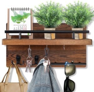 OurWarm Wall Mounted Key Holder/Hangers for Wall Decorative with 5 Key Hooks, Wooden Mail Rack Organizer with Shelf, Rustic Home Decor for Entryway Mudroom Hallway Office, Brown - Image 2