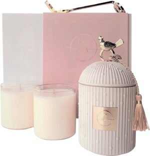 Scented Candles for Home Luxury Candle Gift Set - Candle Holder + 2 x 8.5oz Soy Candle Refills + Wick Trimmer - 115 Hour Burn - Birthday Gifts for Women - Centerpiece Decorations - 4 pcs