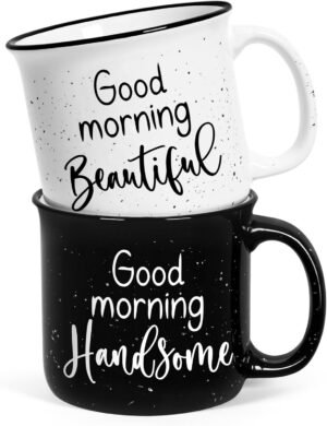 YHRJWN His and Hers Gifts: Good Morning Beautiful & Handsome Coffee Mugs, Couple Mugs for Mr & Mrs, Newlyweds & Wedding Anniversary, Christmas Gifts - 15 Oz