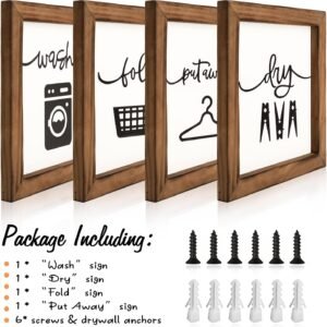 SHOHAYTO Laundry Room Decor for Wall Farmhouse Signs Set of 4 Wash Dry Fold Put Away Rustic Decor for Shelf Laundry Wall Art with Wood Frame Decorative Room Sign 8'' x 8'' - Image 6