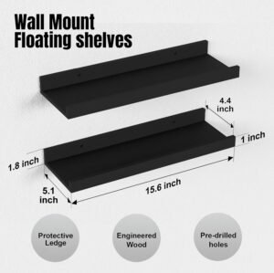 Floating Shelves Wall Mounted Set of 2, Modern Black Wall Shelves for Storage with Lip, Display Picture Ledge Shelf for Wall Decor Bedroom Living Room Bathroom Kitchen - Image 3
