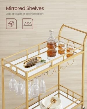 VASAGLE Bar Cart Gold, Home Bar Serving Cart, Wine Cart with 2 Mirrored Shelves, Wine Holders, Glass Holders, for Kitchen, Dining Room, Gold ULRC090A03 - Image 3