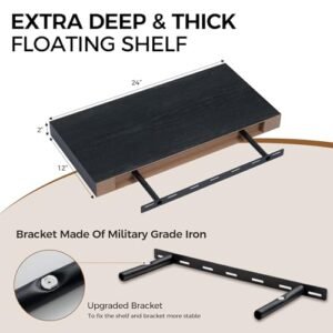 Fun Memories 12\" Deep Black Floating Shelves, Rustic Wood Wall Shelves 123456789 - Image 3