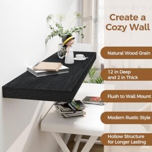 Fun Memories 12\" Deep Black Floating Shelves, Rustic Wood Wall Shelves 123456789 - Image 5