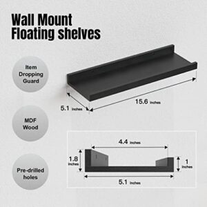 RICHER HOUSE 5 Set Floating Wall Mounted Shelves, Black Shelves for Wall Decor, Modern Picture Ledge Shelf with Lip for Storage, Nursery, Bedroom, Living Room, Bathroom - Black - Image 3