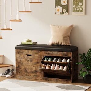 astimey 40\" Shoe Storage Bench with 2 Flip Drawers & Padded Seat Cushion, Shoe Cabinet with Lift Top Storage Box, Shoe Bench Shoe Organizer for Entryway, Hallway, Living Room, Vintage Brown - Image 3