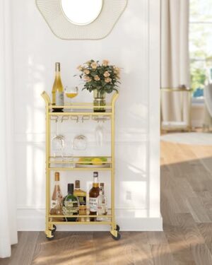 VASAGLE Bar Cart, Home Bar Serving Cart, Small Bar Cart with 3-Tier Shelf, Wine Holders, Glass Holders, Mini Bar Cart for Small Spaces, Kitchen, Dining Room, Living Room, Pale Gold - Image 3
