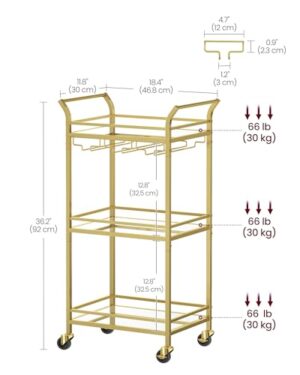 VASAGLE Bar Cart, Home Bar Serving Cart, Small Bar Cart with 3-Tier Shelf, Wine Holders, Glass Holders, Mini Bar Cart for Small Spaces, Kitchen, Dining Room, Living Room, Pale Gold - Image 6