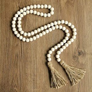 58in Wood Bead Garland with Tassels, Farmhouse Rustic Country Decor Prayer Boho Wall Hanging Decoration (Nature) - Image 3