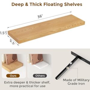 9.3 Inch Deep Floating Shelves, Oak Floating Shelf 36\" x 9.3\", Rustic Wood Wall Shelves 36 Inch Long, Large Wall Shelves for Book, Living Room, Bedroom, 36\"W x 9.3\"D x 1.5\"H, Oak Color, Set of 2 - Image 3