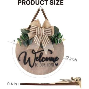Condorpasea 3D Welcome Sign for Front Door | Home/Farmhouse Porch Décor Wooden Hanging Sign with Artificial Leaves and Rustic Beads | Christmas Classroom |12\" Round - Image 3